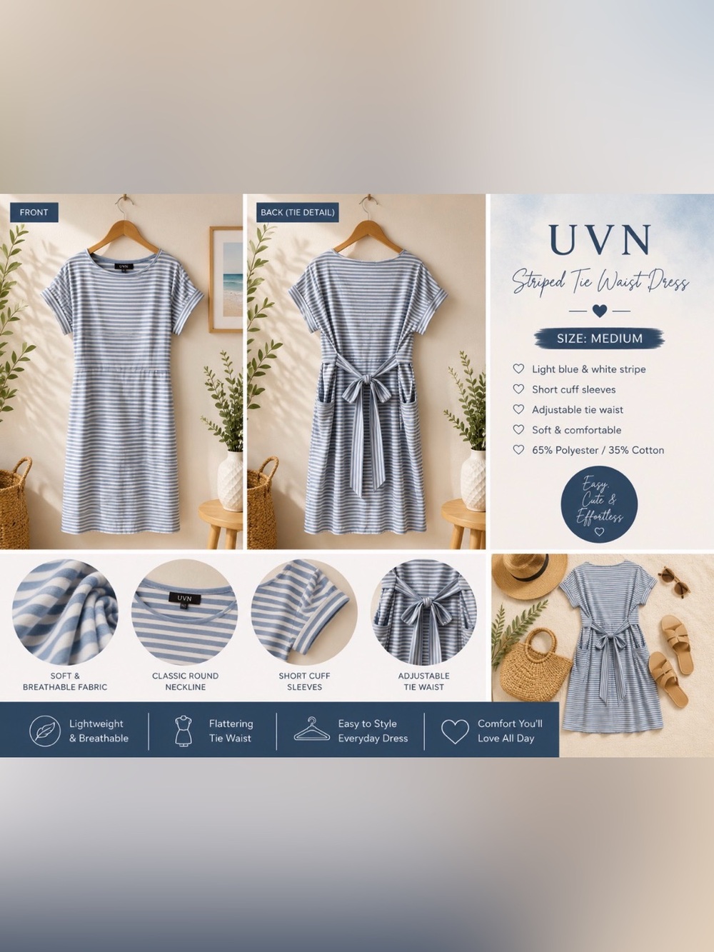 UVN Blue White Striped Tie Back Dress Size Medium NWT